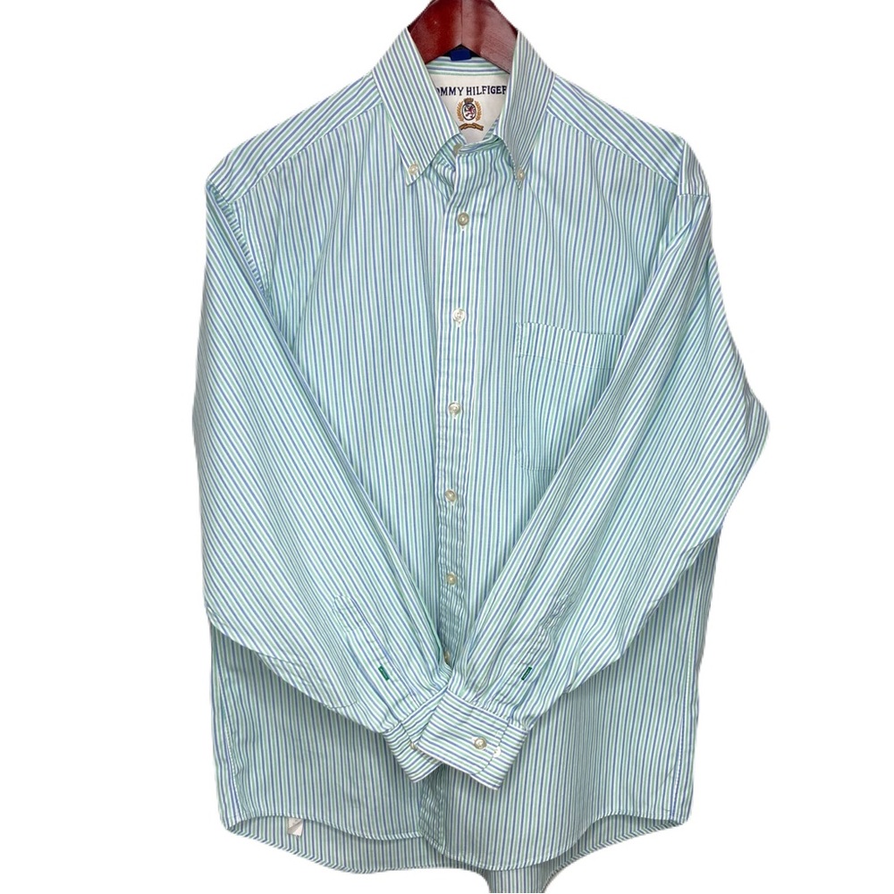Tommy Hilfiger mens l/s button down green blue stripes 15/32-33 100% cotton